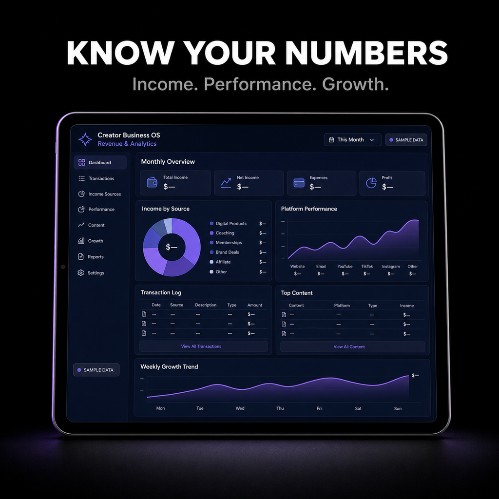 Creator Business OS Revenue and Analytics sample-data dashboard