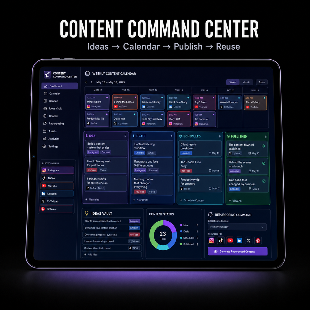 Creator Business OS Content Command Center on tablet