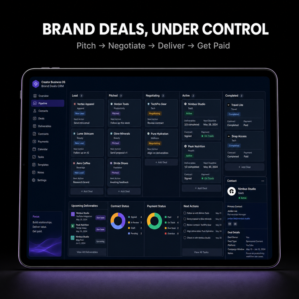 Creator Business OS Brand Deals CRM on tablet